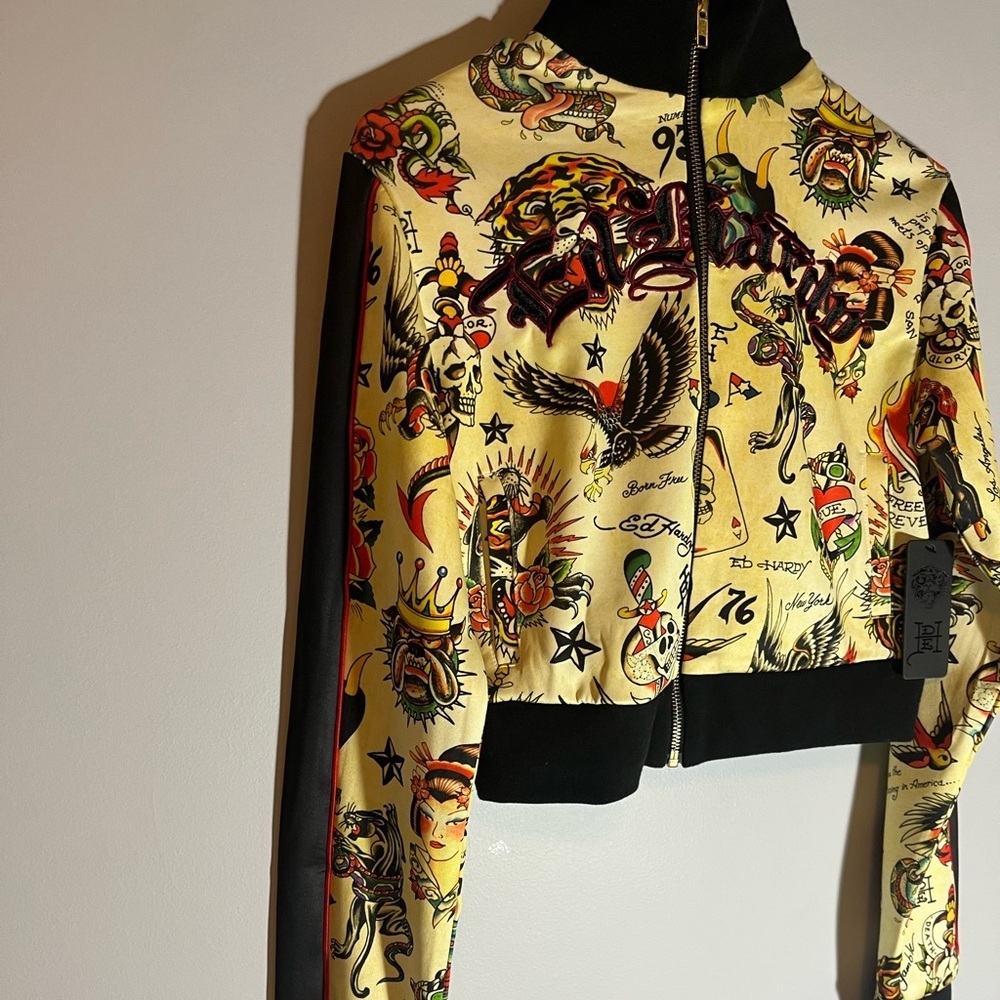 Ed Hardy Women's Yellow Bomber Jacket with Tattoo Print - Picture 9 of 15